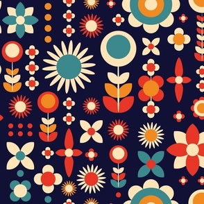 Large Scale Retro Bold Geometric Folk Flowers in Blue Orange Cream on Navy