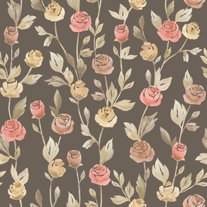 Beige terracotta roses, leaves, buds and branches on dark brown.