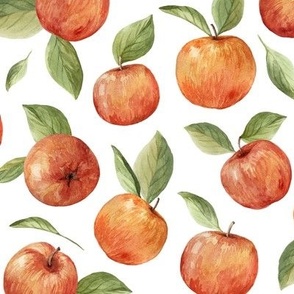 Red apples and leaves. Watercolor hand drawn fruit pattern