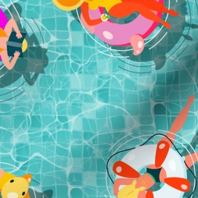 Aqua Summer Pool Party with Ring Floats and Swimmers
