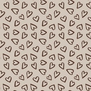 Neutral Valentines day chocolate brown freehand hearts on beige brown, earth tone