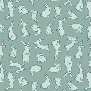 Bunnies on teal green seaglass, gender neutral, unisex, nursery, baby
