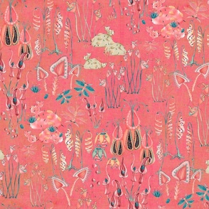 Plants from Outer Space Two-on bright pink with white and gold texture (large scale)