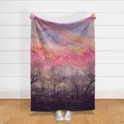  Watercolor Bordure Design, Sunset with trees, Mountains, Clouds and flying birds in the sky