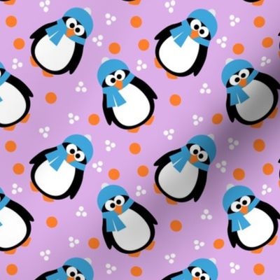 Winter Penguin with Hat and Scarf Light Purple Background