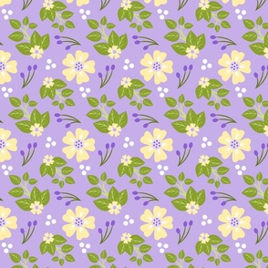 Abstract Yellow Flowers and Foliage on Purple Background