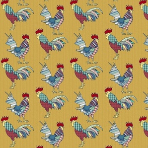 colorful patchwork roosters on gold | small | colorofmagic