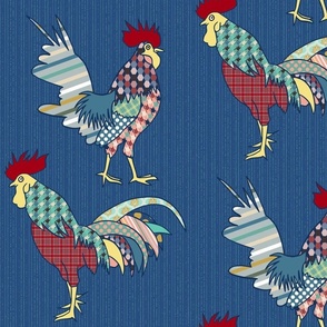 colorful patchwork roosters on blue | large | colorofmagic