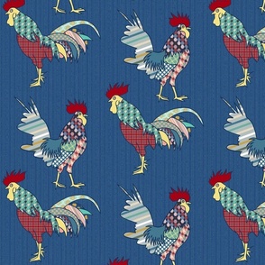 colorful patchwork roosters on blue | medium | colorofmagic
