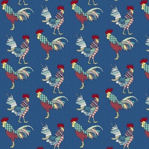 colorful patchwork roosters on blue | small | colorofmagic
