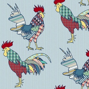 colorful patchwork roosters on light blue | large | colorofmagic