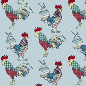 colorful patchwork roosters on light blue | medium | colorofmagic