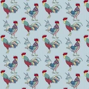 colorful patchwork roosters on light blue | small | colorofmagic