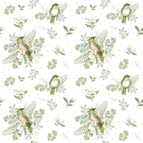 Birds with white flowers and green leaves on a white background