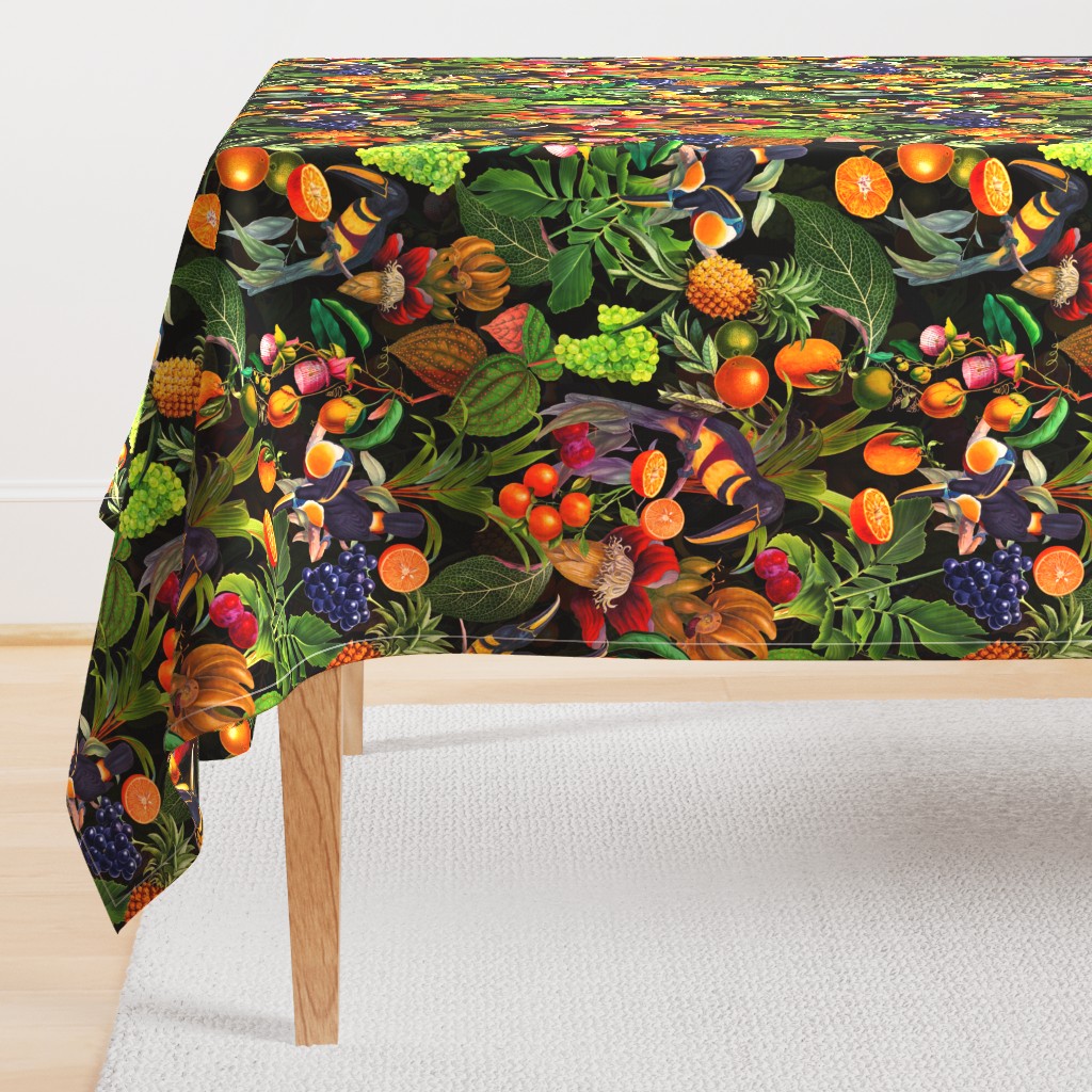 vintage tropical parrots, antique exotic toucan birds, green Leaves and nostalgic colorful fruits and  berries,   toucan bird, Tropical parrot fabric, - black  double layer Fabric