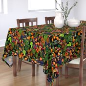 vintage tropical parrots, antique exotic toucan birds, green Leaves and nostalgic colorful fruits and  berries,   toucan bird, Tropical parrot fabric, - black  double layer Fabric