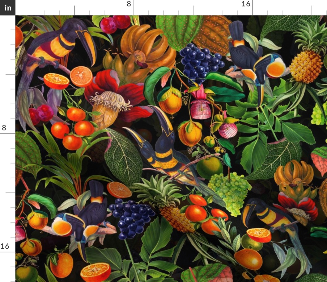vintage tropical parrots, antique exotic toucan birds, green Leaves and nostalgic colorful fruits and  berries,   toucan bird, Tropical parrot fabric, - black  double layer Fabric