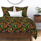 vintage tropical parrots, antique exotic toucan birds, green Leaves and nostalgic colorful fruits and  berries,   toucan bird, Tropical parrot fabric, - black high contrast double layer Fabric