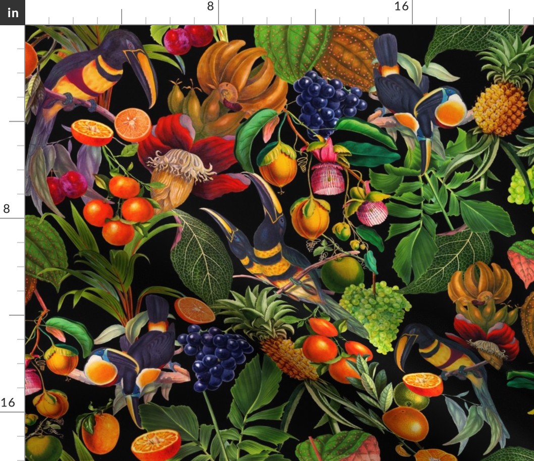 vintage tropical parrots, antique exotic toucan birds, green Leaves and nostalgic colorful fruits and  berries,   toucan bird, Tropical parrot fabric, - black high contrast double layer Fabric