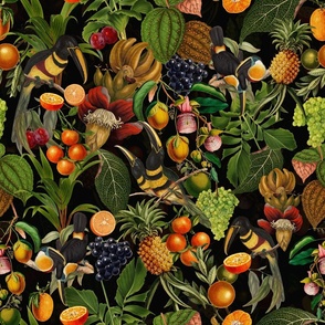 vintage tropical parrots, antique exotic toucan birds, green Leaves and nostalgic colorful fruits and  berries,   toucan bird, Tropical parrot fabric, - black Fabric