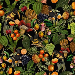 vintage tropical parrots, antique exotic toucan birds, green Leaves and nostalgic colorful fruits and  berries,   toucan bird, Tropical parrot fabric, - black  double layer Fabric