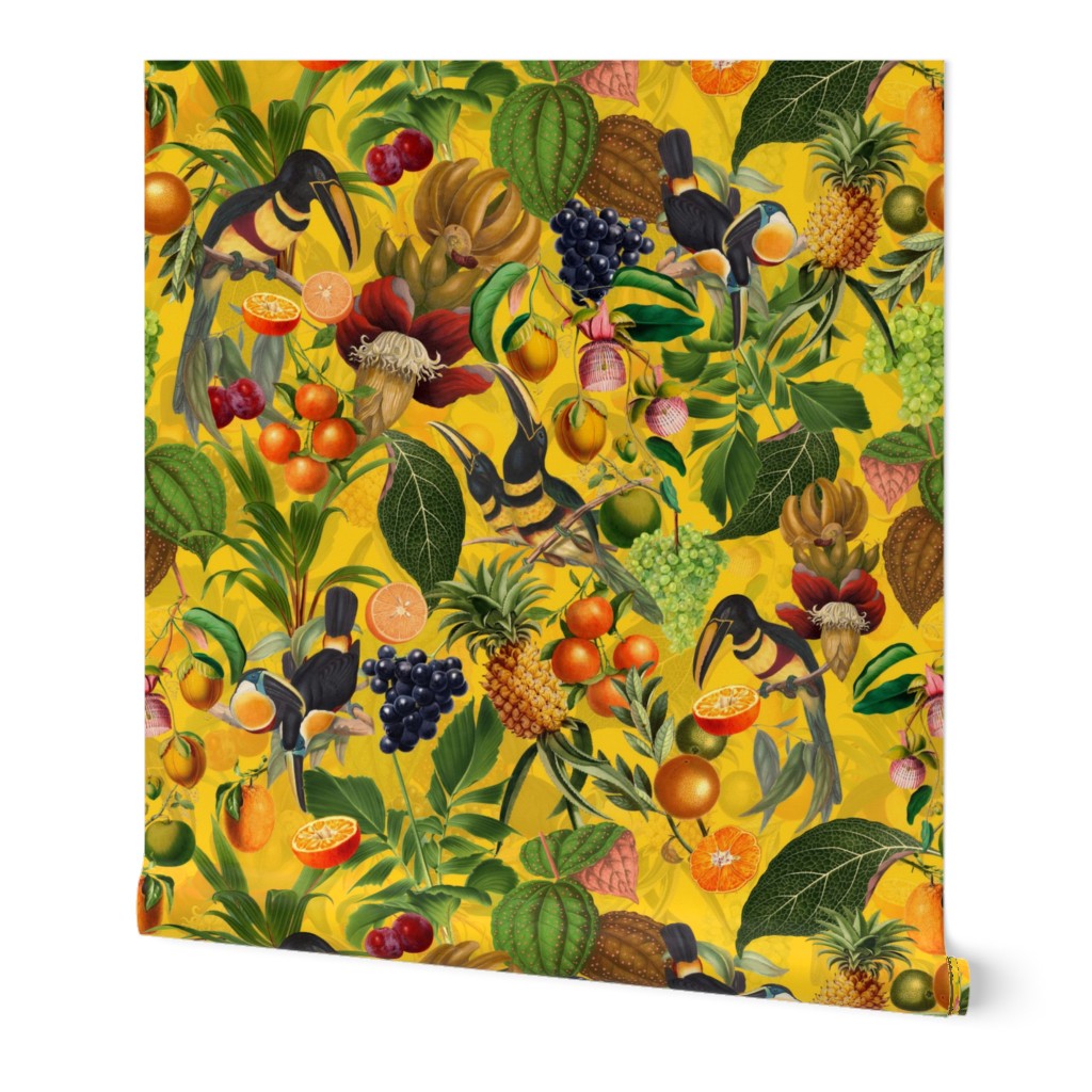 vintage tropical parrots, antique exotic toucan birds, green Leaves and nostalgic colorful fruits and  berries,   toucan bird, Tropical parrot fabric, - yellow double layer Fabric