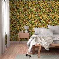 vintage tropical parrots, antique exotic toucan birds, green Leaves and nostalgic colorful fruits and  berries,   toucan bird, Tropical parrot fabric, - yellow double layer Fabric