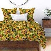 vintage tropical parrots, antique exotic toucan birds, green Leaves and nostalgic colorful fruits and  berries,   toucan bird, Tropical parrot fabric, - yellow double layer Fabric