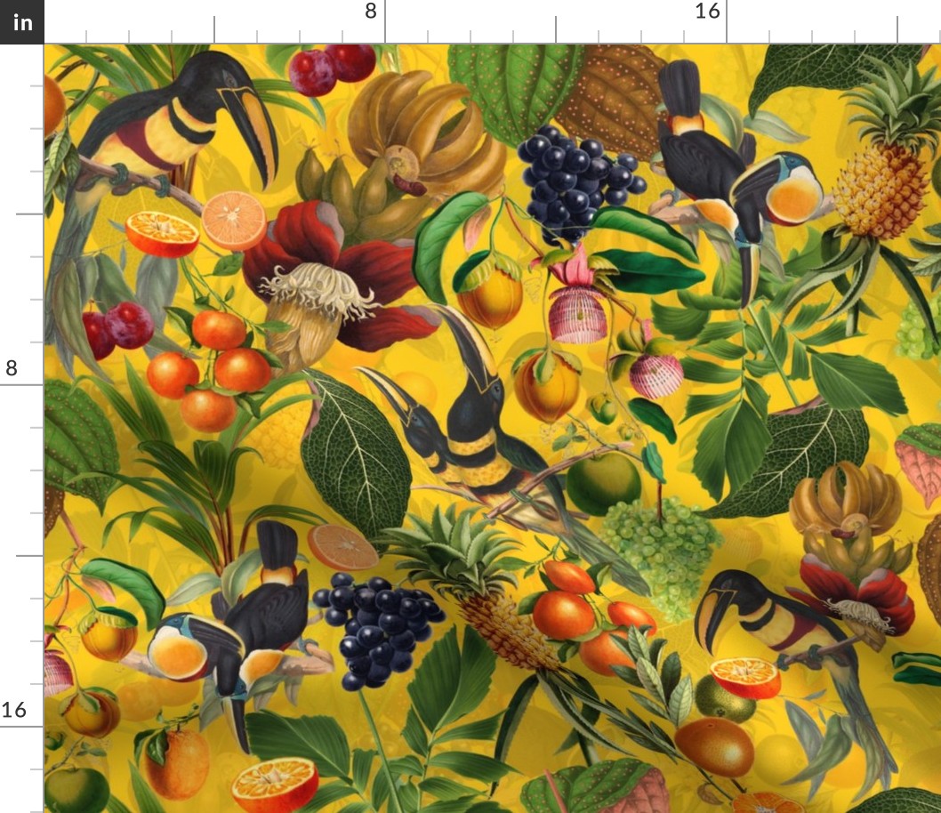 vintage tropical parrots, antique exotic toucan birds, green Leaves and nostalgic colorful fruits and  berries,   toucan bird, Tropical parrot fabric, - yellow double layer Fabric