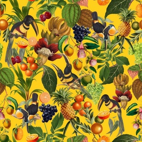 vintage tropical parrots, antique exotic toucan birds, green Leaves and nostalgic colorful fruits and  berries,   toucan bird, Tropical parrot fabric, - yellow  Fabric