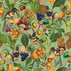 vintage tropical parrots, antique exotic toucan birds, green Leaves and nostalgic colorful fruits and  berries,   toucan bird, Tropical parrot fabric, - green  double layer Fabric