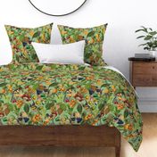 vintage tropical parrots, antique exotic toucan birds, green Leaves and nostalgic colorful fruits and  berries,   toucan bird, Tropical parrot fabric, - green Fabric