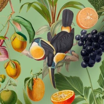 vintage tropical parrots, antique exotic toucan birds, green Leaves and nostalgic colorful fruits and  berries,   toucan bird, Tropical parrot fabric, - green Fabric