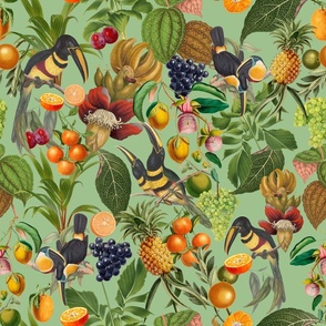 vintage tropical parrots, antique exotic toucan birds, green Leaves and nostalgic colorful fruits and  berries,   toucan bird, Tropical parrot fabric, - green Fabric