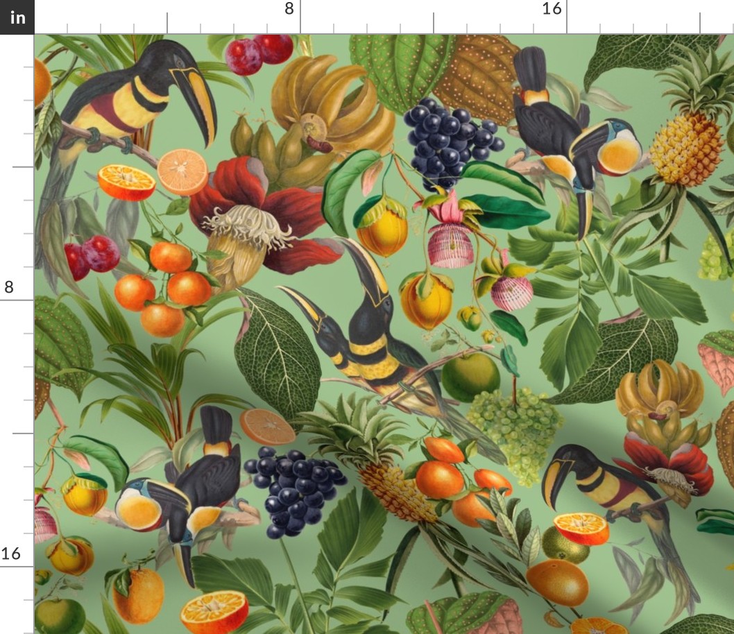 vintage tropical parrots, antique exotic toucan birds, green Leaves and nostalgic colorful fruits and  berries,   toucan bird, Tropical parrot fabric, - green Fabric