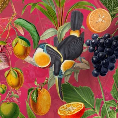 vintage tropical parrots, antique exotic toucan birds, green Leaves and nostalgic colorful fruits and  berries,   toucan bird, Tropical parrot fabric, - magenta pink  double layer Fabric