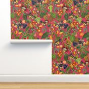 vintage tropical parrots, antique exotic toucan birds, green Leaves and nostalgic colorful fruits and  berries,   toucan bird, Tropical parrot fabric, - magenta pink  double layer Fabric