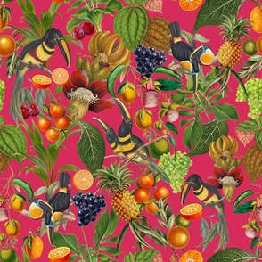 vintage tropical parrots, antique exotic toucan birds, green Leaves and nostalgic colorful fruits and  berries,   toucan bird, Tropical parrot fabric, - magenta pink Fabric
