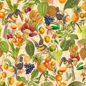 vintage tropical parrots, antique exotic toucan birds, green Leaves and nostalgic colorful fruits and  berries,   toucan bird, Tropical parrot fabric, - sunny beige double layer Fabric
