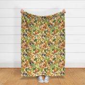 vintage tropical parrots, antique exotic toucan birds, green Leaves and nostalgic colorful fruits and  berries,   toucan bird, Tropical parrot fabric, - sunny beige Fabric