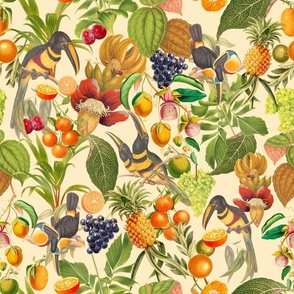 vintage tropical parrots, antique exotic toucan birds, green Leaves and nostalgic colorful fruits and  berries,   toucan bird, Tropical parrot fabric, - sunny beige Fabric