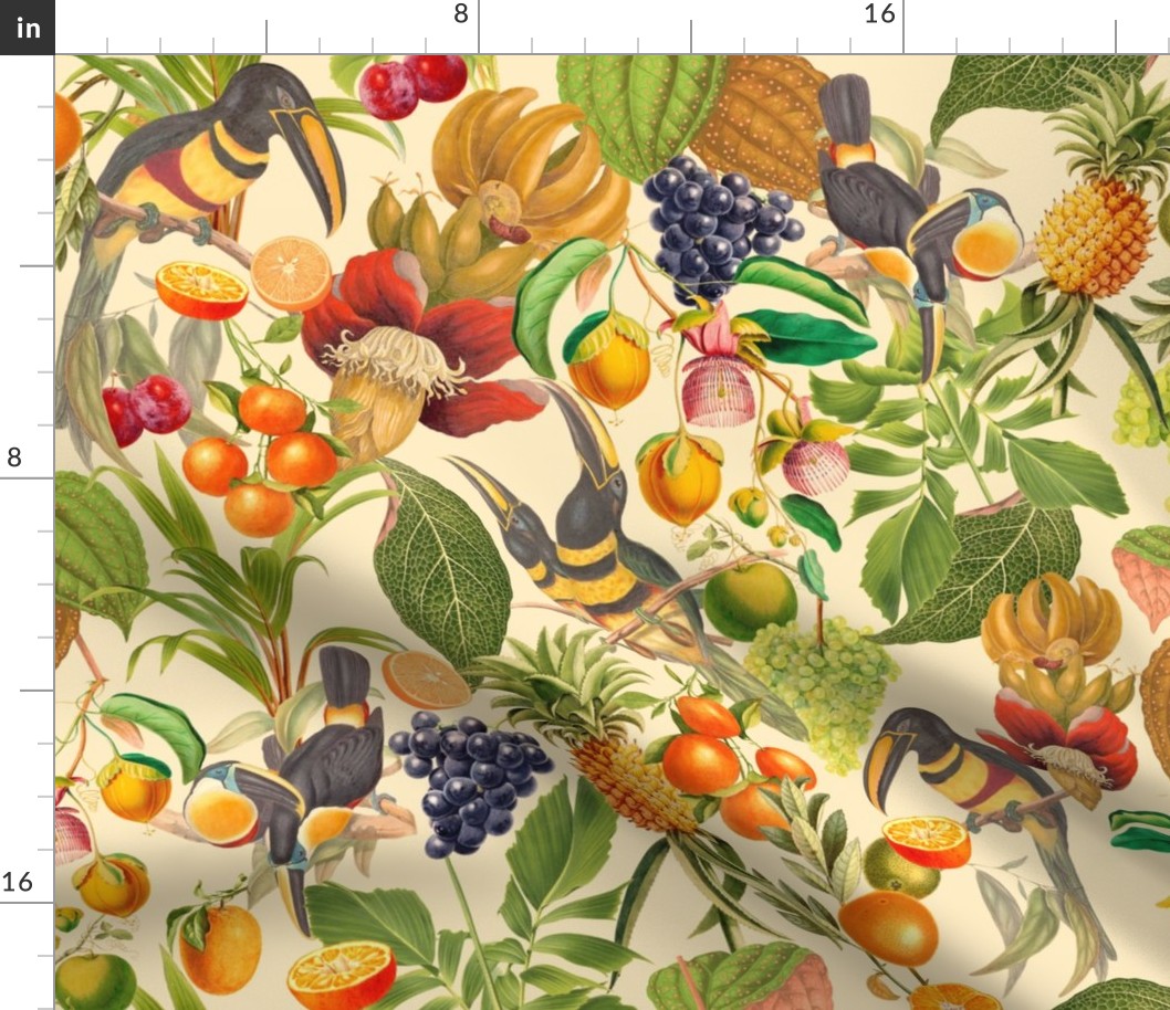 vintage tropical parrots, antique exotic toucan birds, green Leaves and nostalgic colorful fruits and  berries,   toucan bird, Tropical parrot fabric, - sunny beige Fabric