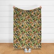 vintage tropical parrots, antique exotic toucan birds, green Leaves and nostalgic colorful fruits and  berries,   toucan bird, Tropical parrot fabric, - sepia double layer Fabric