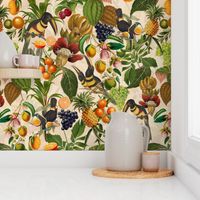 vintage tropical parrots, antique exotic toucan birds, green Leaves and nostalgic colorful fruits and  berries,   toucan bird, Tropical parrot fabric, - sepia double layer Fabric