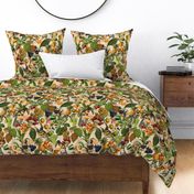 vintage tropical parrots, antique exotic toucan birds, green Leaves and nostalgic colorful fruits and  berries,   toucan bird, Tropical parrot fabric, - sepia double layer Fabric