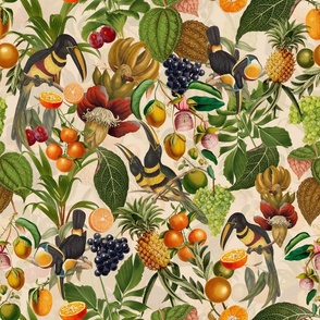 vintage tropical parrots, antique exotic toucan birds, green Leaves and nostalgic colorful fruits and  berries,   toucan bird, Tropical parrot fabric, - sepia double layer Fabric