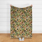 vintage tropical parrots, antique exotic toucan birds, green Leaves and nostalgic colorful fruits and  berries,   toucan bird, Tropical parrot fabric, - sepia 