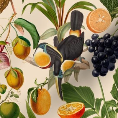 vintage tropical parrots, antique exotic toucan birds, green Leaves and nostalgic colorful fruits and  berries,   toucan bird, Tropical parrot fabric, - sepia 