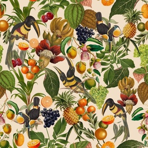vintage tropical parrots, antique exotic toucan birds, green Leaves and nostalgic colorful fruits and  berries,   toucan bird, Tropical parrot fabric, - sepia 