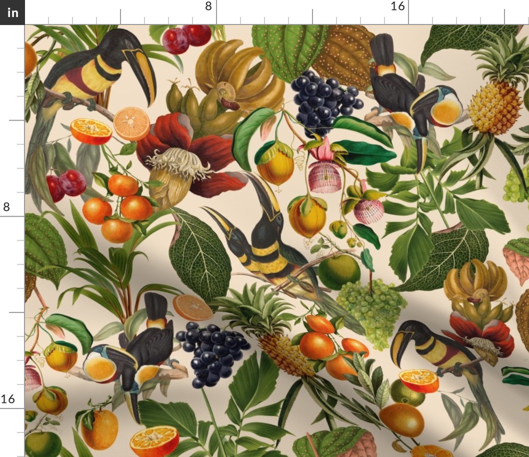 vintage tropical parrots, antique exotic toucan birds, green Leaves and nostalgic colorful fruits and  berries,   toucan bird, Tropical parrot fabric, - sepia 